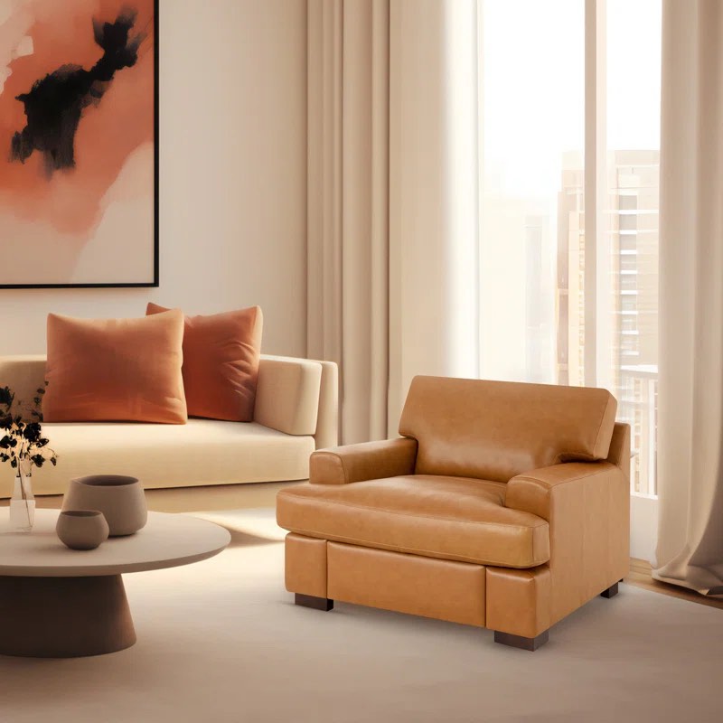 Daryon Leather Club Accent Chair - Luxurious Accent Chair Comfort, Goose Feather Cushion Filling, Square Arm Design (incomplete box 1 only)