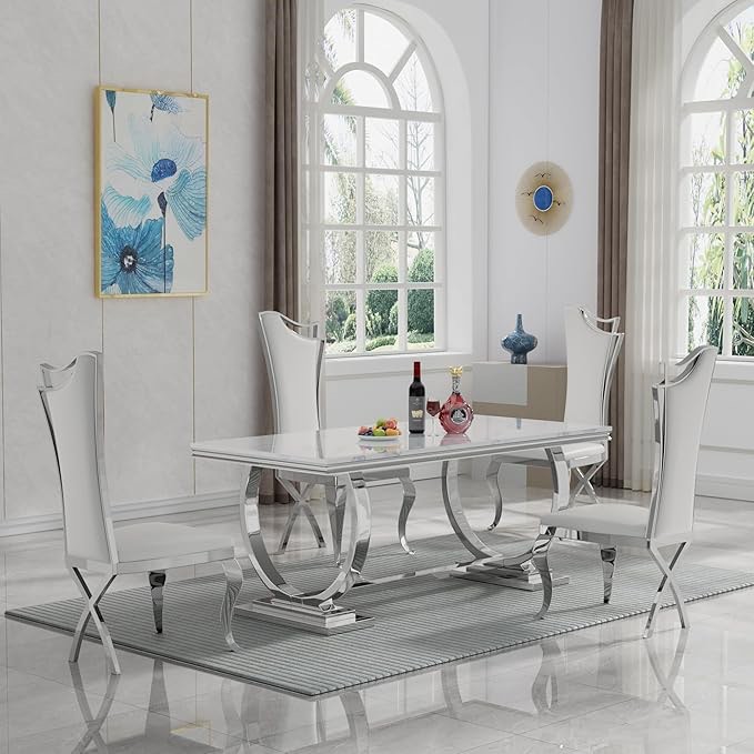 Luxury Silver Marble Dining Table Set for 4,Modern 5 Piece Kitchen Dining Room Table Set,70" Faux Marble Kitchen Dining Table and 4 PU Leather Chairs Set w/Stainless Steel Legs (incomplete 1 box only consisting of 2 chairs)