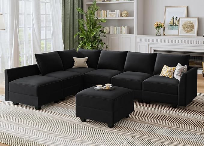 HONBAY Modular Sectional Sofa with Storage Ottoman Velvet Modular Couch with Reversible Chaise L Shape Sectional Couches for Living Room,Black (incomplete 1 box only consisting of storage ottoman)