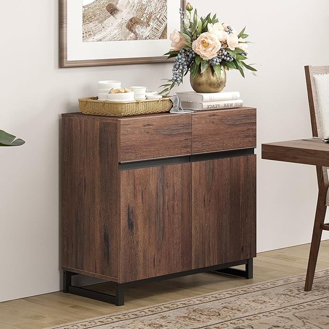 WAMPAT Sideboard Buffet Cabinets, Modern Sideboard with Adjustable Shelf and Metal Base, Coffee Bar Cabinet Storage Cabinet for Living Room, Dining Room,Kitchen, Brown
