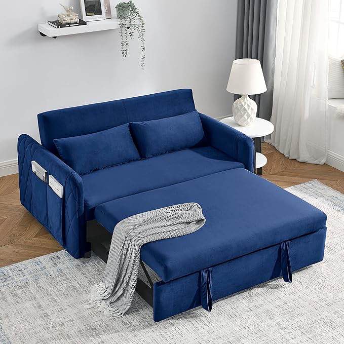 Merax 55" Loveseat with Pull Out Bed, 3 in 1 Convertible Velvet Sleeper Sofa Bed with Adjustable Backrest & 2 Pillows, 2 Arm Pocket for Living Room or Apartments, Blue
