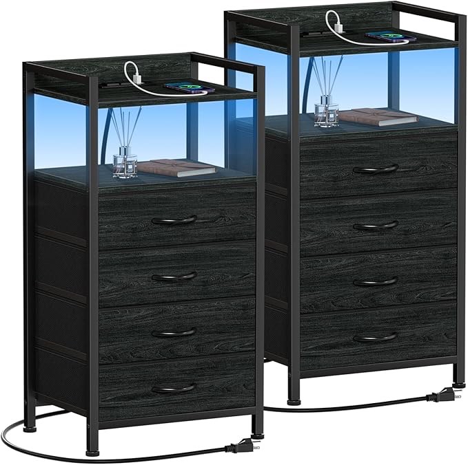 Furnulem Black Nightstand Set of 2, Small Dresser for Bedroom, Tall Night Stand with Charging Station and Led Light, Dresser Organizer Side Table Bedside Furniture, Wood Shelf, Fabric Drawer (incomplete 1 nightstand only)