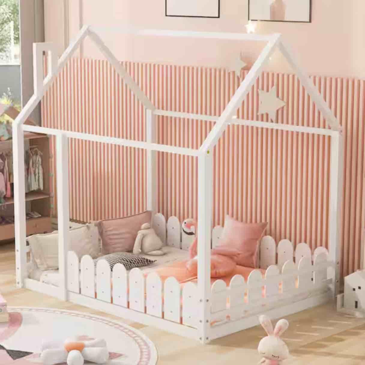 White Full Size Wood House Bed with Fence (incomplete 1 box only)