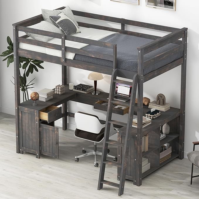 Merax Full Size Loft Bed with U-Shaped Desk, Drawers and Storage Shelves, Antique Brown (incomplete box 2 of 2 only)