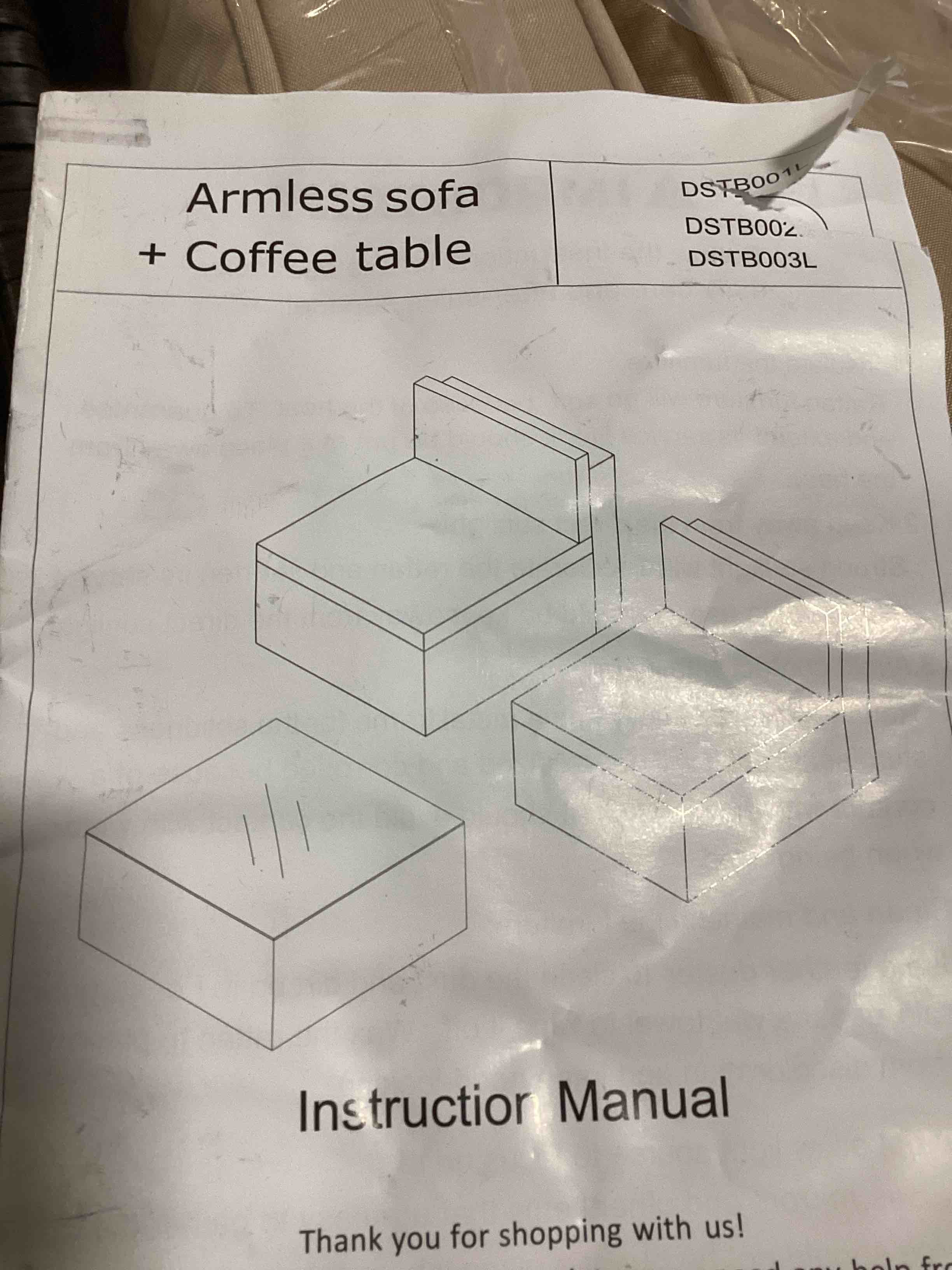 Armless Sofa + Coffee Table Brown Rattan Beige Cushions DSTB001L