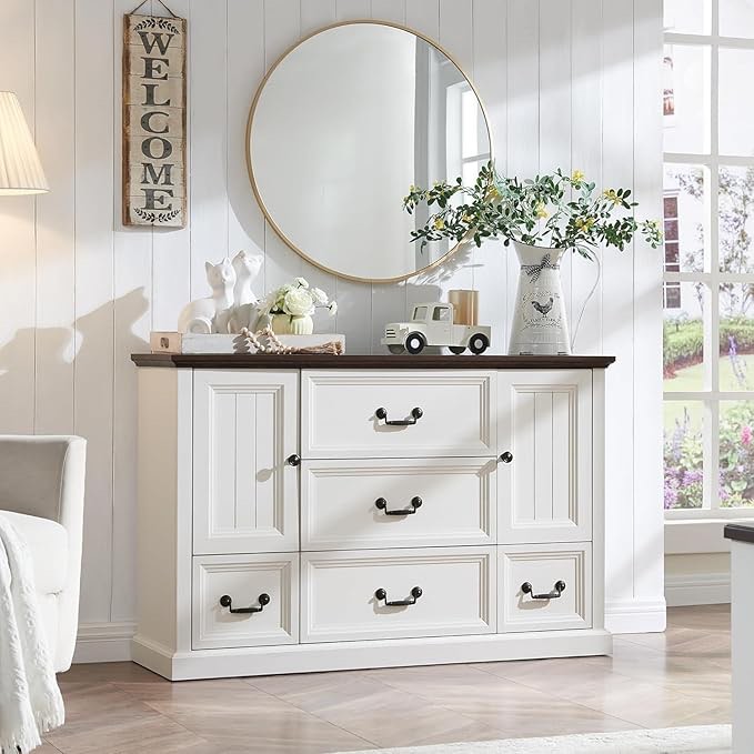 Farmhouse 5 Drawers Dresser for Bedroom, Wood Rustic Storage Organizer Closet Chest, Chest of Drawers w/Groove Barn Door&Shelf for Closet, Living Room, Dining Room, Hallway-White