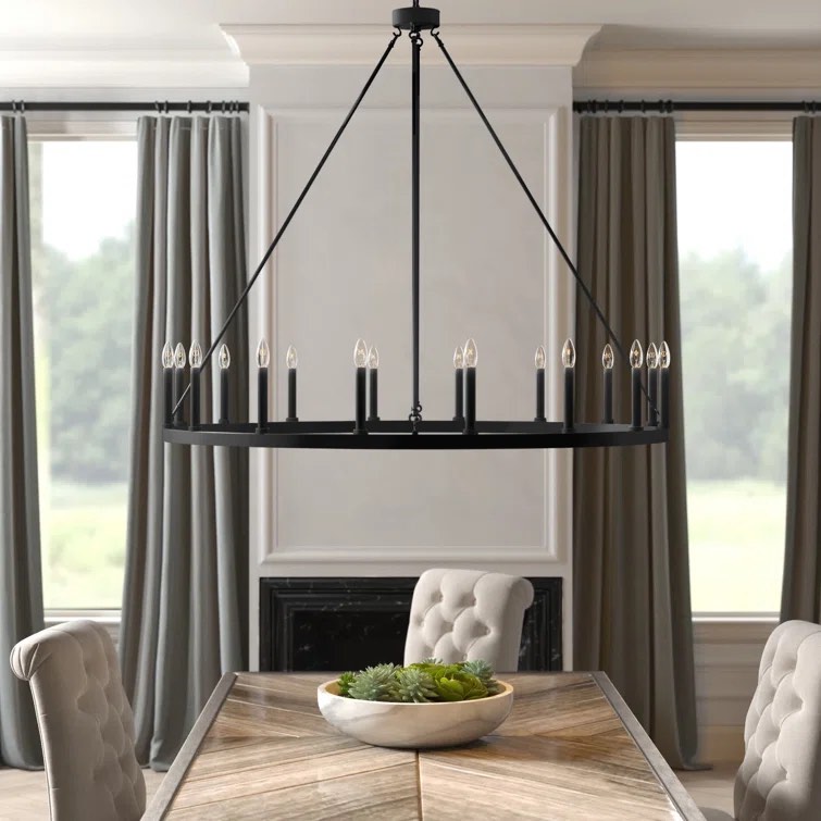 Classic Black/Aged Zinc Avalee 16 - Light Living Room Steel Dimmable Wagon Wheel Chandelier UL Certified