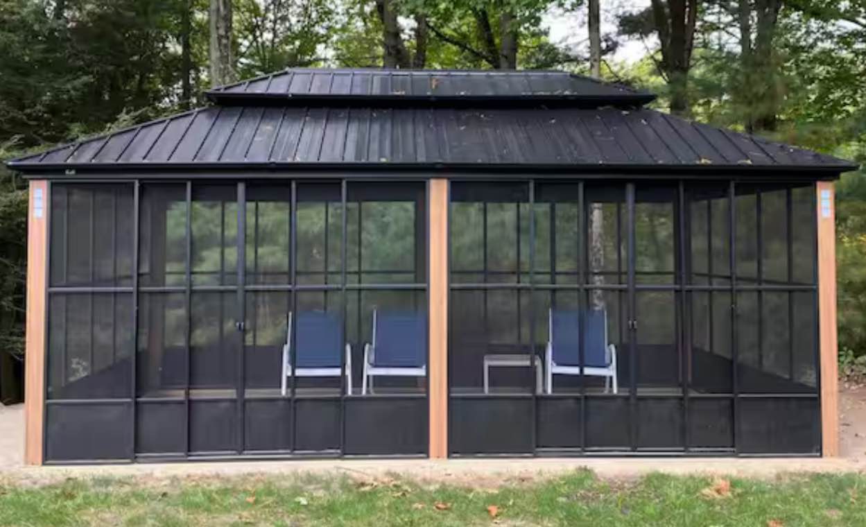 12ft. x 20ft. Sunroom Hardtop Gazebo Solarium Galvanized Steel Double Roof Aluminum PC Mesh Screen House Backyard Brown (incomplete box 2 of 11 only)