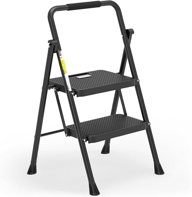 HBTower 2 Step Ladder, Folding Step Stool with Wide Anti-Slip Pedal, Sturdy Steel Ladder, Convenient Handrail, Lightweight, Portable Steel Step Stool