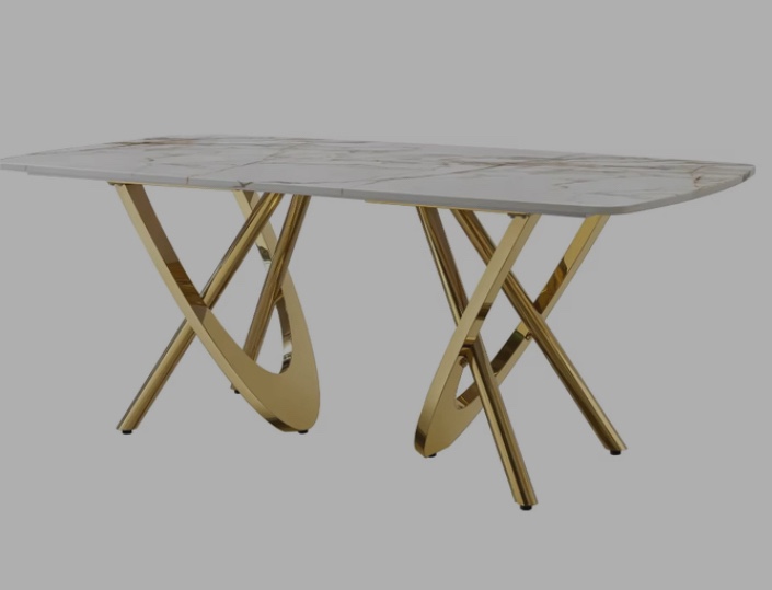 Gold dining tables for 6-8 people, MDF dining table with marble pattern and gold stainless steel base, dining room furniture (incomplete 1 box only)