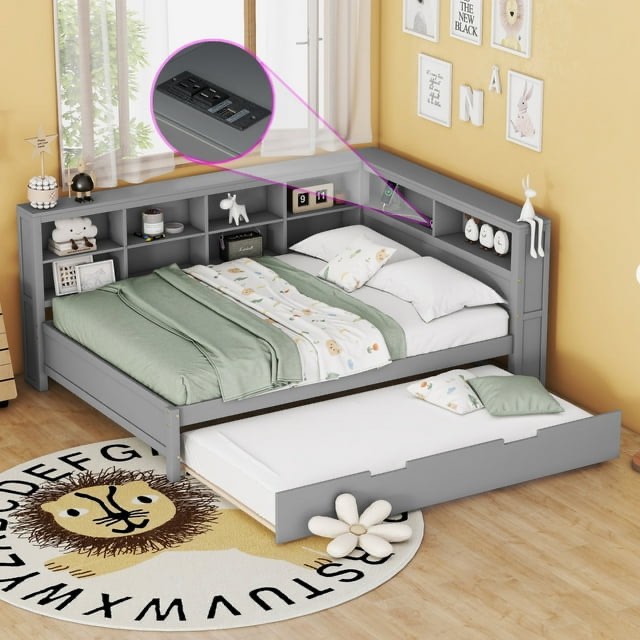 Full Size Daybed with Twin Size Trundle, Wooden Captain Platform Bed with Storage Shelf and USB Charging Ports, Low Floor Bed for Kids, Teens, and Adult, Grey (incomplete 1 box only)