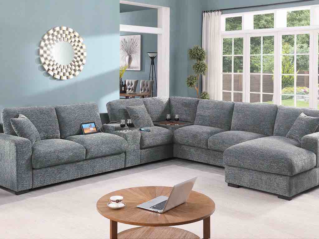 89297 6 pc Celine light grey chenille fabric modular sectional sofa set with chaise and consoles with USB charging ( incomplete) 