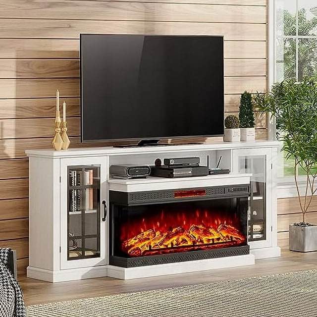 Merluxy 75in 3-Sided Glass Fireplace TV Stand for TVs up to 85", Distressed White( incomplete box 1/2)
