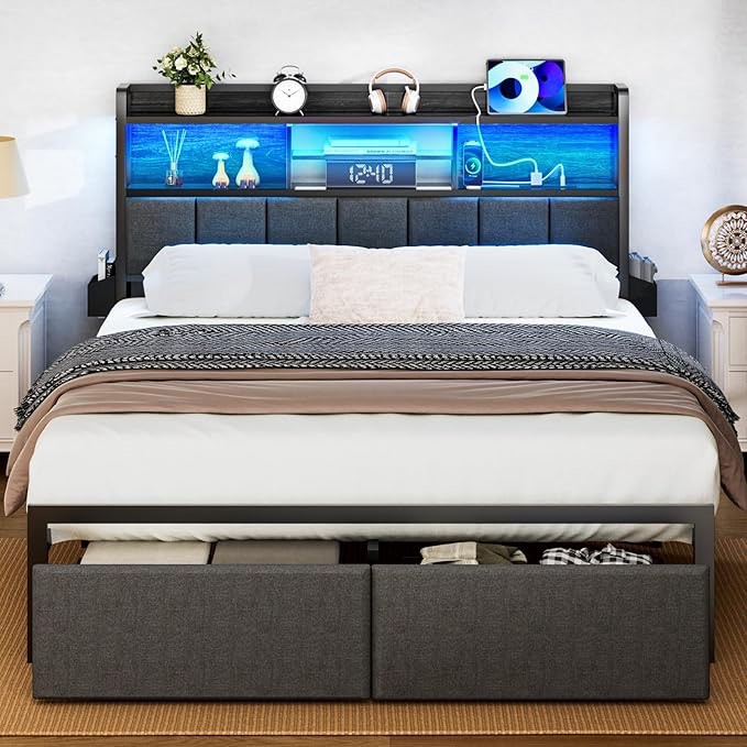 Furnulem Full Size Bed Frame with Headboard, Bed Frame Full Size with Storage Drawers, LED Lights and Charging Station, Metal Platform No Box Spring Needed, Noise Free, Upholstered Headboard, Black