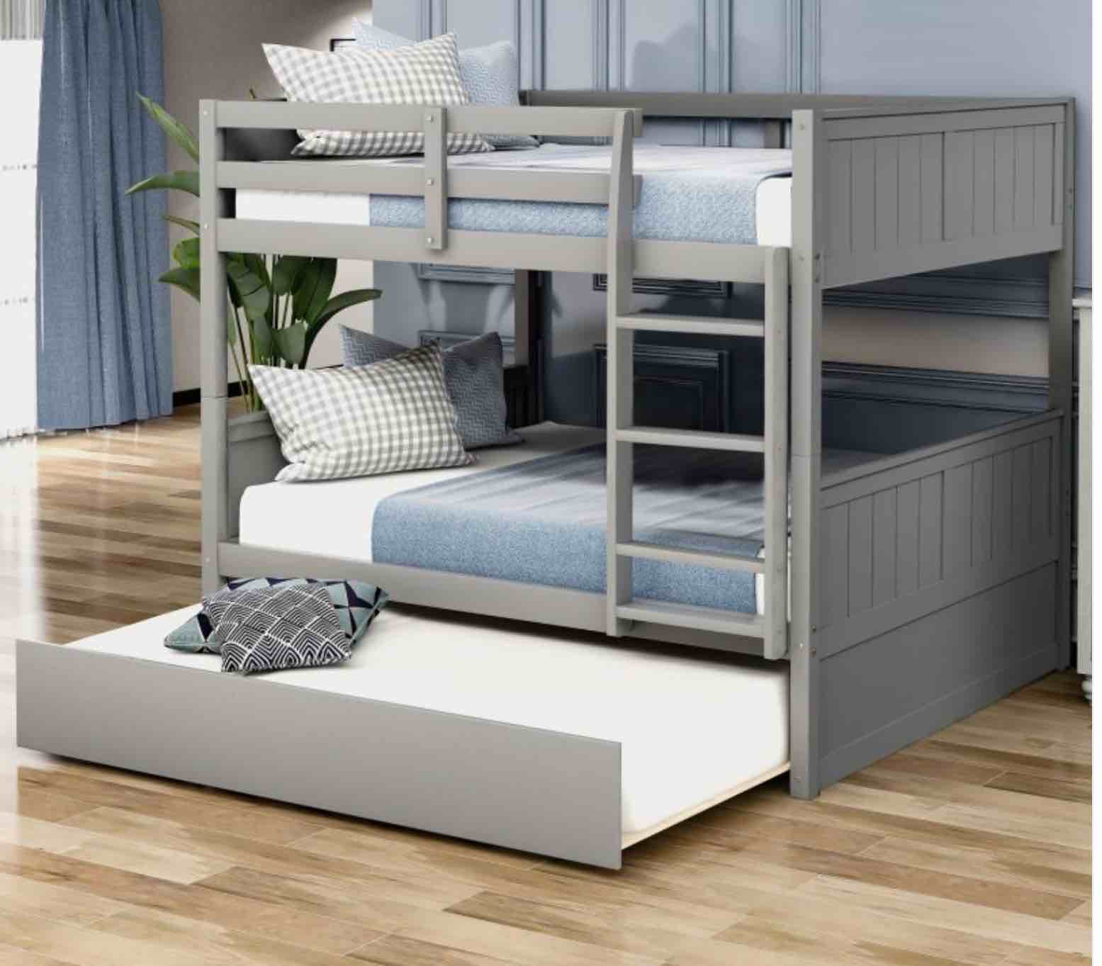 Full Over Full Bunk Bed w/ Twin Trundle, Gray (incomplete box 1/2)