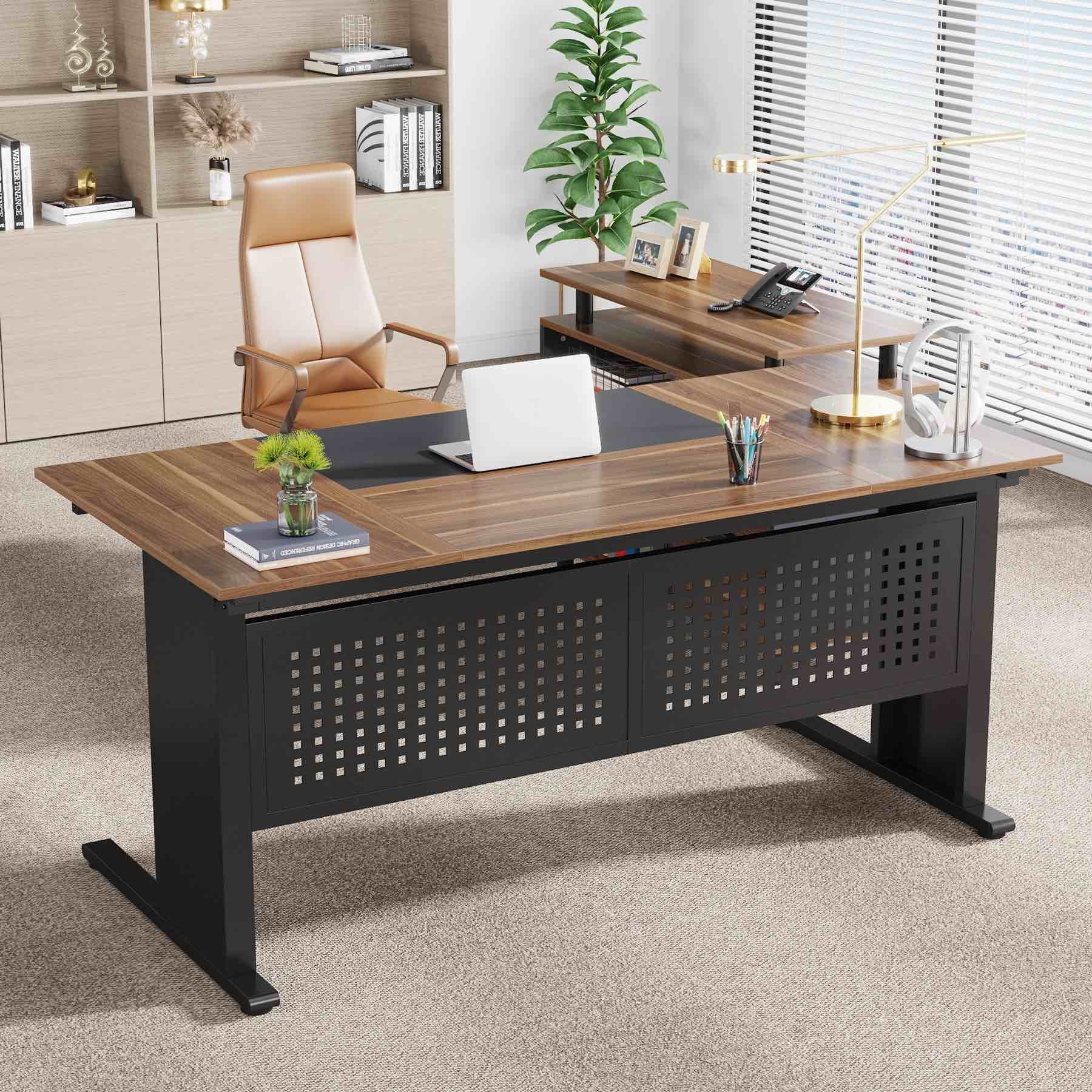 Industrial L-Shaped Desk, 63" Computer Executive Desk with File Cabinet ( incomplete only box B ) 