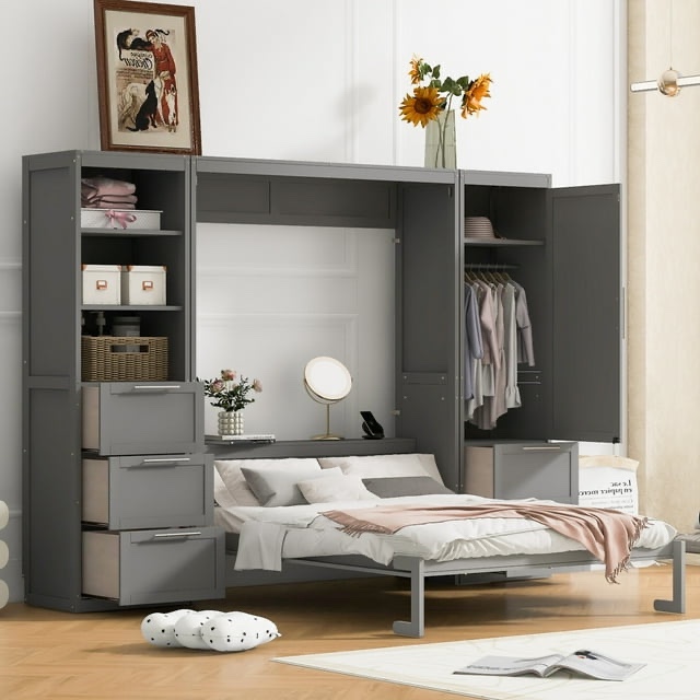 Queen Size Murphy Bed with Closet ,Drawers and Shelves, Solid Wood Wall Bedframe for Multipurpose Guest Room or Home Office, Space-Saving, Gray( incomplete box 3/3)