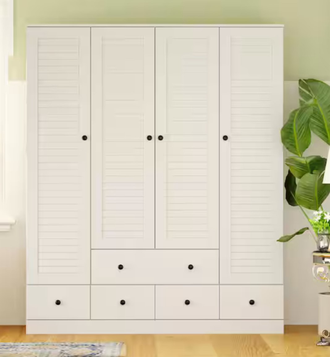 70 in. H x 19 in. D White Wood 59 in. W 4 Shutter Doors Big Armoires Wardwore with 6-Drawers, Hanging Rod( incomplete)