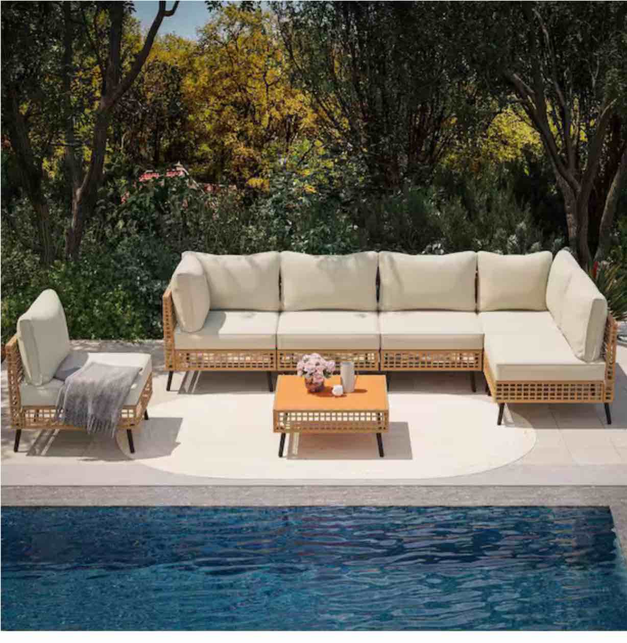 ( incomplete only single sofa with coffee table ) 7PC-BG1-Brown 7-Piece Wicker Patio Conversation Set with Beige Cushions and Coffee Table
