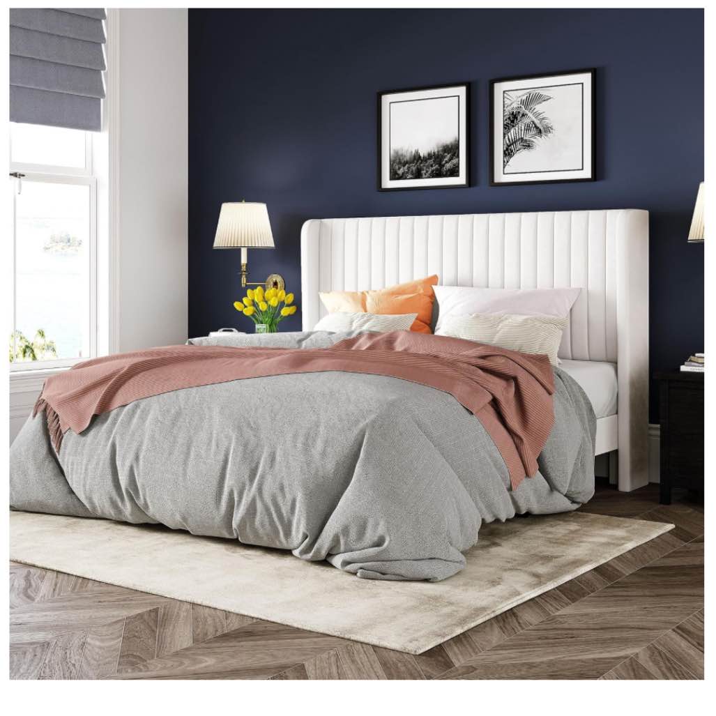 Allewie Queen Size Velvet Bed Frame/Vertical Channel Tufted Wingback Headboard/Upholstered Platform Bed/Strong Wooden Slats/No Box Spring Needed/Easy Assembly/White