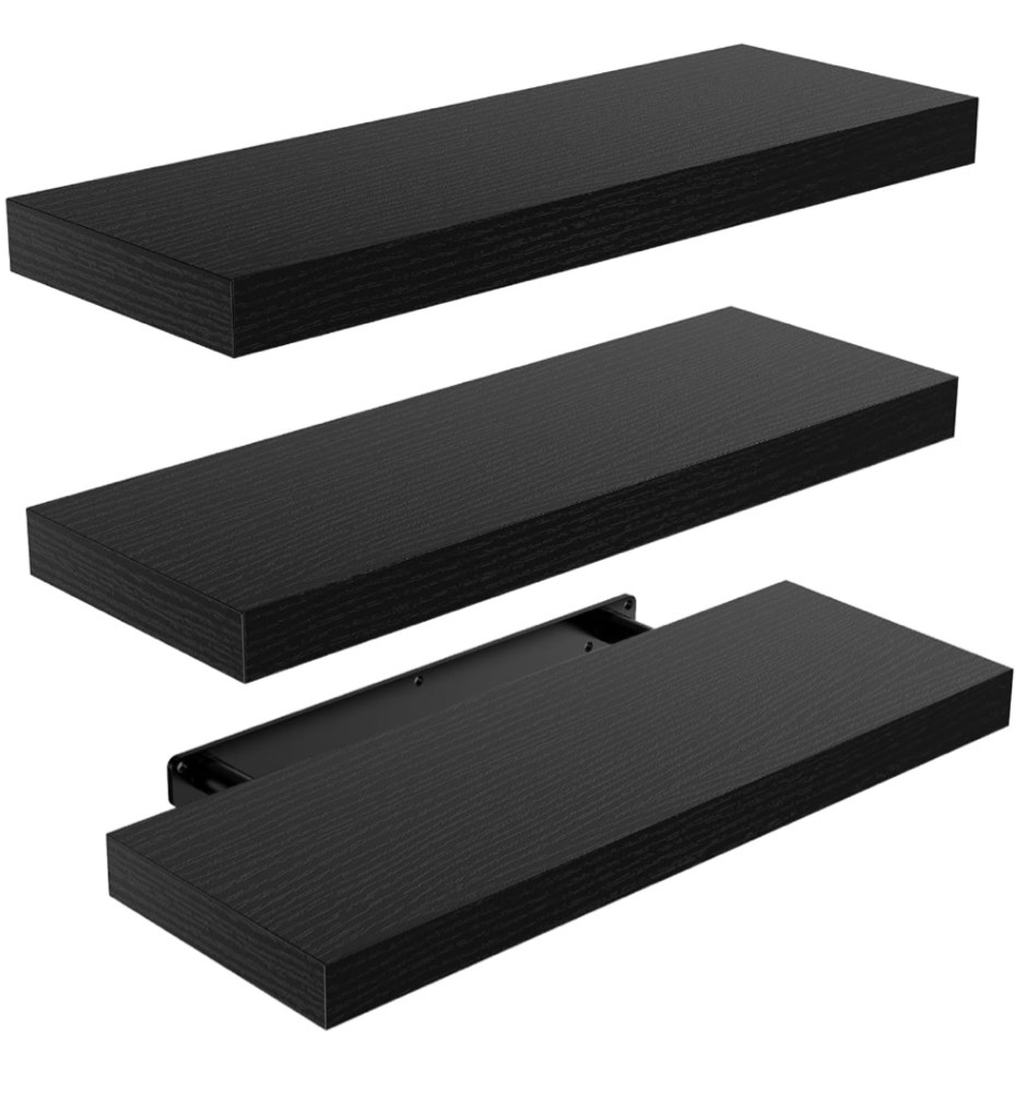 AMADA HOMEFURNISHING Floating Shelves Black, Wall Shelves with Invisible Brackets for Bedroom, Bathroom, Living Room, Kitchen, Set of 3 - AMFS07
