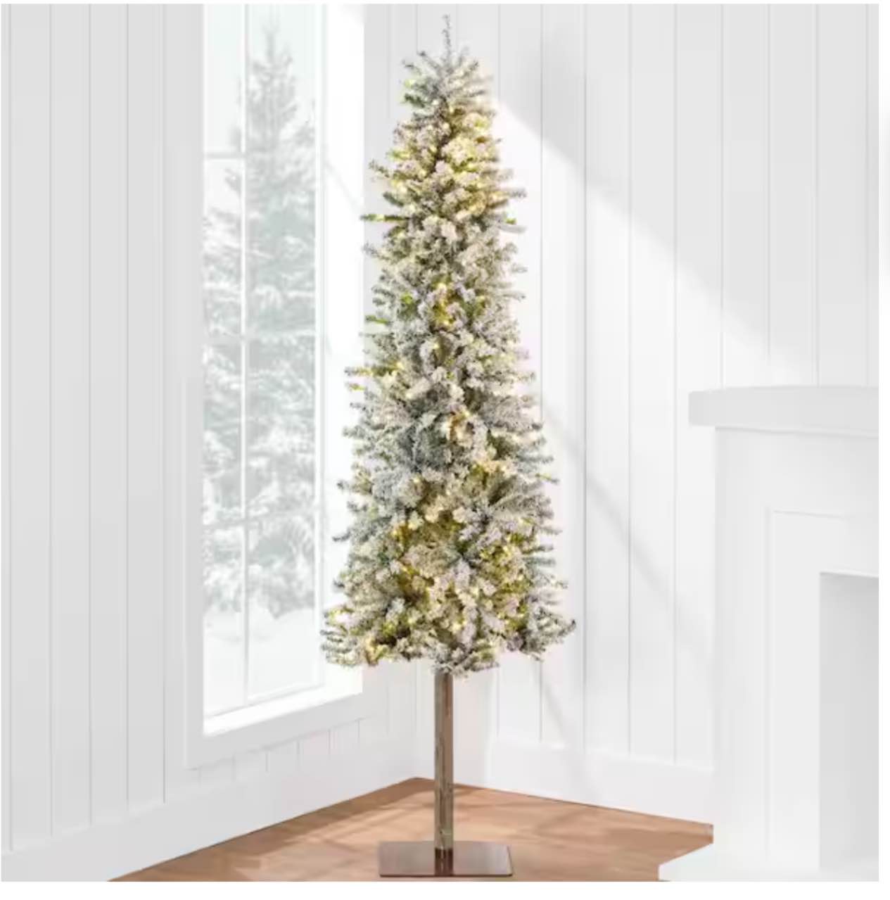 6 Ft Prelit Alpine Artificial Christmas Tree Snowy Pencil Tree with 200 Warm White Light 518 Thick PVC Branch Tips Metal Stand UL Plug Fire-Resistant Slim Xmas Tree for Home Indoor Fireplace Decor