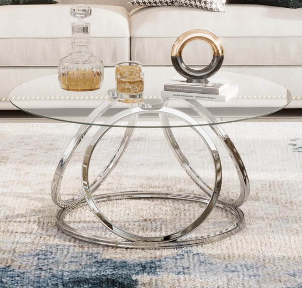 Silver Coffee Table, Modern Glass Coffee Table Living Room Table with Ring-Shaped Frames, INCOMPLETE, missing glass