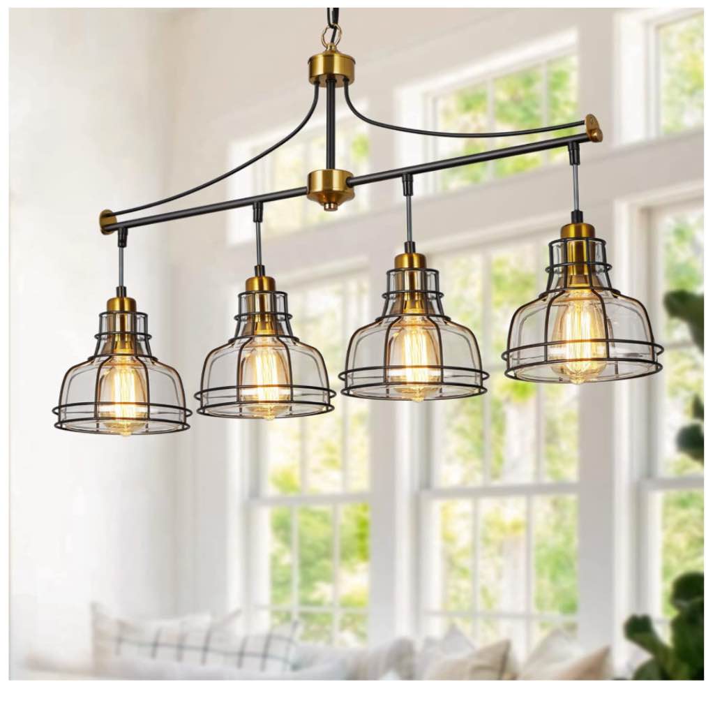 WILON Kitchen Island Lighting, 4 Light Pendant Lighting for Kitchen Island Farmhouse Chandelier Dining Room Light Fixture, Rustic Chandelier Black Modern Pendant Lighting with Clear Glass Shades
