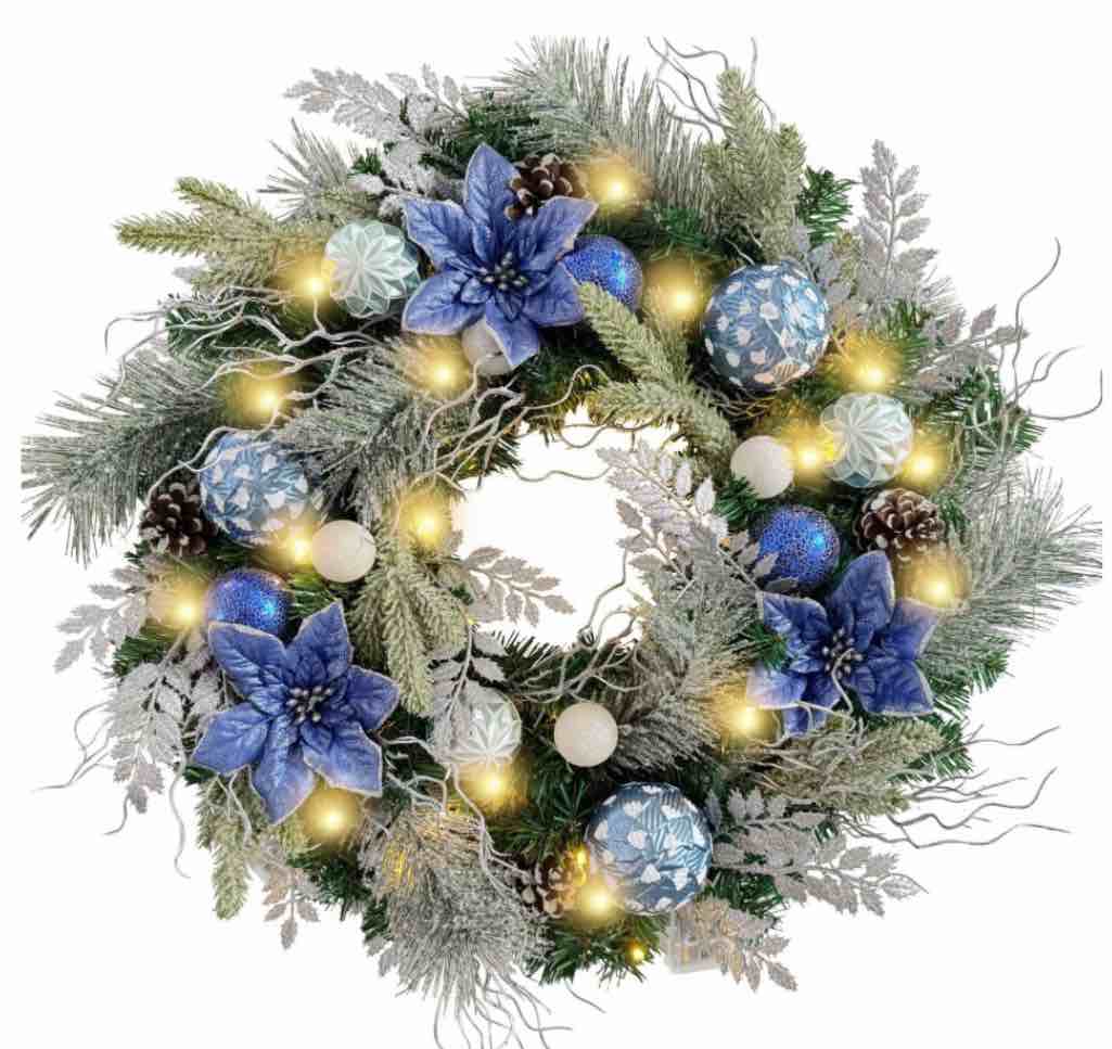 WANNA-CUL Pre-Lit 24 Inch Lighted Christmas Wreath for Front Door Red White Christmas Door Wreath Decoration with Ball Ornaments, Candy Canes,Eucalyptus Leaves, Battery Operated 30 LED Lights 01-24 Inch Red White