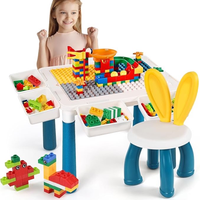 All-in-One Kids Multi-Functional Building Blocks Table, Activity Table and Chairs Set with 206 Pcs Building Brick Blocks, Storage, 4 Heighten Legs Water/Sand/Play/Dinning Table for Toddlers (color may vary ours is pink and white)