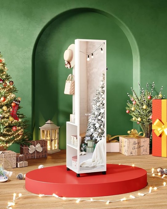 8 LEDs Jewelry Cabinet Armoire, 64.8-inch Jewelry Organizer with Garment Rack, Lockable Full-length Mirror with 4 Wheels, Storage Shelves with Hooks, 5-in-1, White and Black JC17003B (incomplete 1 box only)