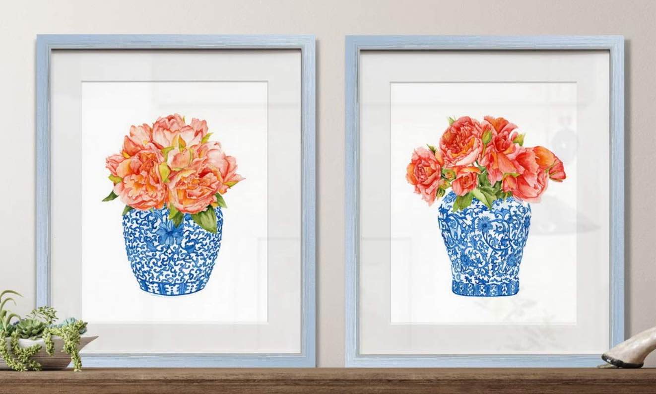 Renditions Gallery Sweet Peonies 2 Piece Framed Artwork Set, Colorful Floral, Botanical, Flower Art, Pink Red Orange, Silver Frame, White Mat, Plexiglass, 16 In W (our frame is white)