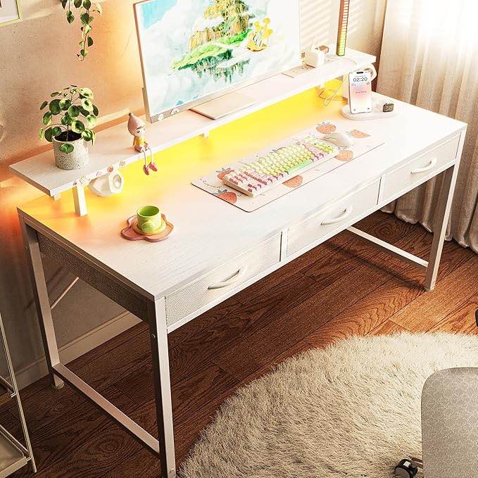 Huuger 55 inch Computer Desk with 3 Drawers, Office Desk Gaming Desk with LED Lights & Power Outlets, Home Office Desks with Storage Space for Bedroom, Work from Home, White