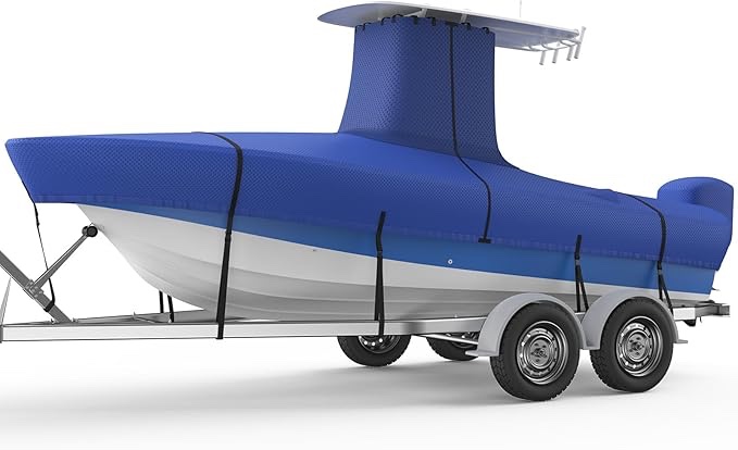 Upgraded 1200D T-Top Boat Cover 100% Waterproof Heavy Duty Tear-Resistant Polyester with Motor Cover for Center Console Boat with T TOP Roof, 17'-19' Long Beam Width up to 102", Blue