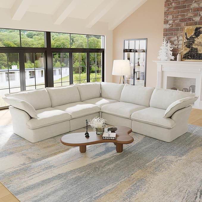 165.2" Cloud Modular Sectional Sofa, Modern Comfy Couch Filled with Down, Minimalist Wide Deep Seat Couches for Living Room Apartment Lounge Bedroom (5 Seater,White) (incomplete 1 box only)