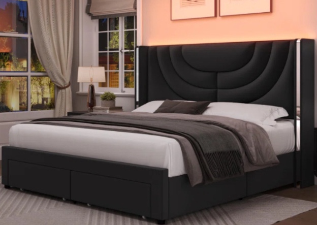 Sturminster Velvet Upholstered Wingback Storage Bed, Wall Wash LED Light Headboard