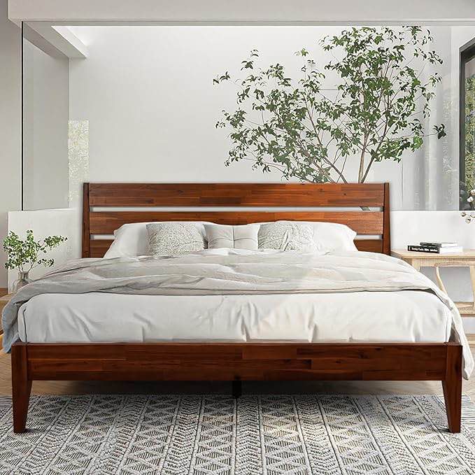 Acacia Emery Bed Frame with Headboard Solid Wood Platform Bed, King Size Bed Frame, Unique Design Contemporary Signature Wood Bed Compatible with All Mattresses, Non-Slip and Noise-Free, Chocolate (incomplete missing parts)