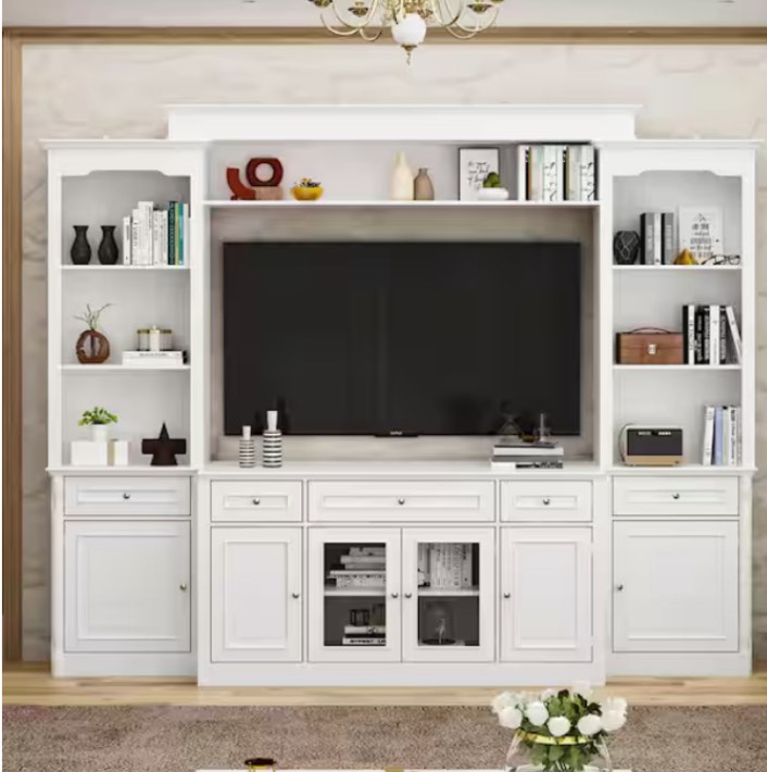 4-Piece White Wood Entertainment Center TV Stand with Tempered Glass Door TV Console, Bookshelves for TVs up to 57 in. (incomplete 1 box only)