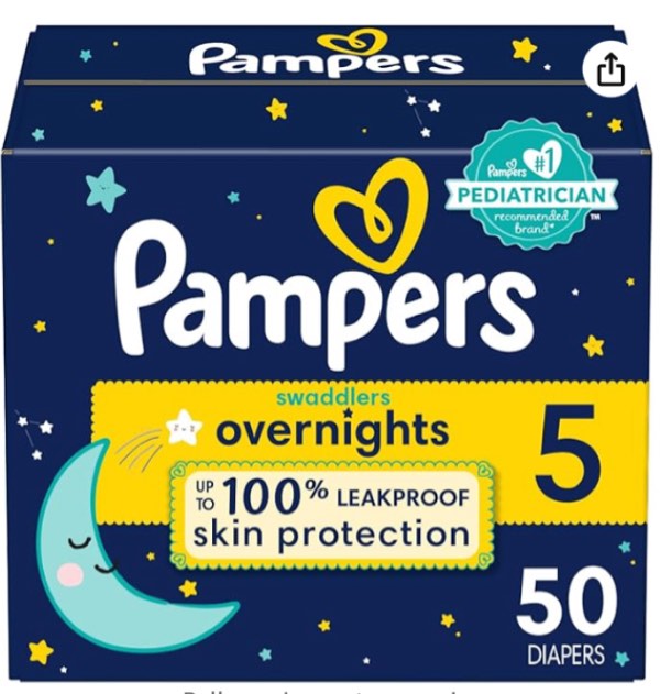 Pampers Swaddlers Overnights Diapers - Size 5, 50 Count, Disposable Baby Diapers, Night Time Skin Protection