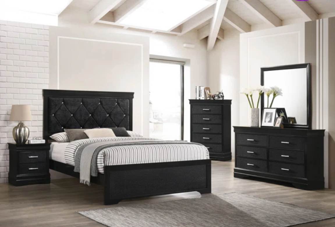  Exylian Black Panel Bedroom Set Special 5 Bed Dresser Mirror Nightstand Chest(incomplete mirror only) 