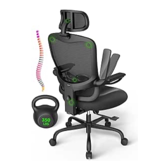 Ergonomic Office Chair Big and Tall - 6'5" Tall Max, 350Lbs Capacity Computer Desk Chairs Over 10 Hours Comfortable, with Adjustable Mesh High Back, Lumbar Support, 3D Headrest, Flip-up Arms