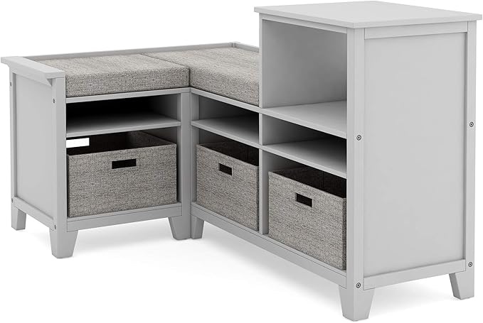  Martha Stewart Kids' Corner Nook Gray: Wooden Storage Bench Bookcase Organizer with Seat Cushion and Fabric Bins for Reading in Bedroom or Playroom(incomplete box 1 )(different color to stock photo) 