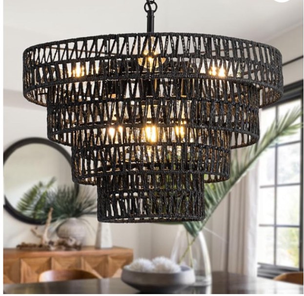  20 inch Pendant Lights Kitchen Island, 6 Lights Large Boho Chandeliers, Height Adjustable Hand Woven Rustic Farmhouse Ceiling Light for Dining Room Living Room Height Adjustable,4 tier, Black(incomplete missing light)
