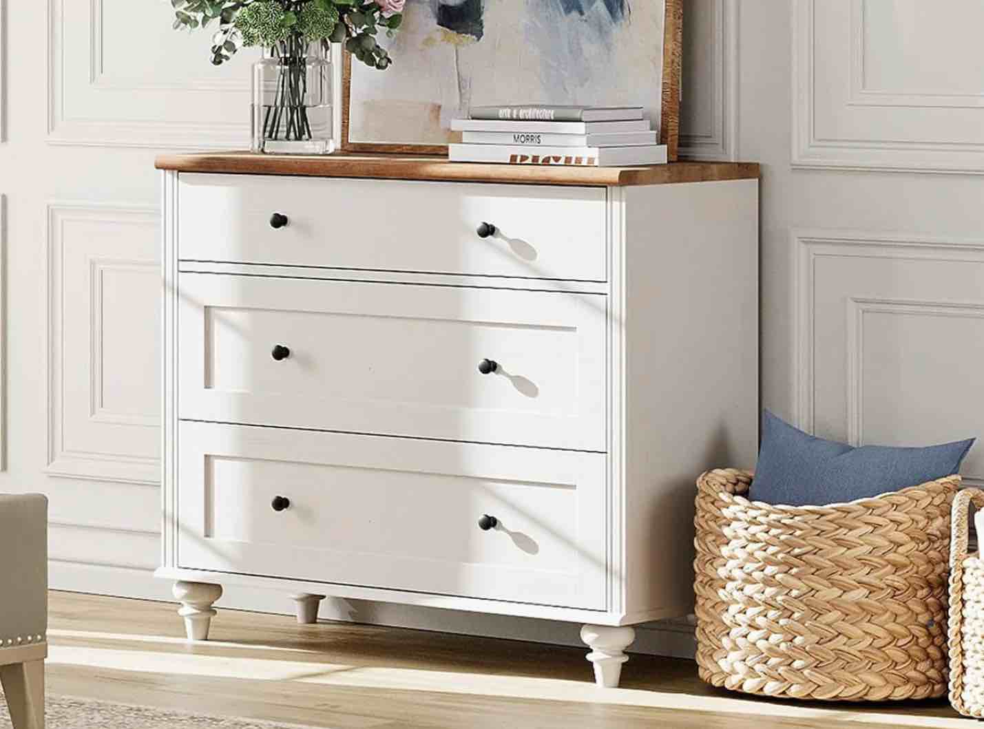  WAMPAT 34" Dresser for Bedroom with 3 Drawers, White Kids Dressers with Wide Chest of Drawers, Mid Century Modern Wooden Closet Storage Organizer, Small Dressers for Living Room, Nursery, Hallway