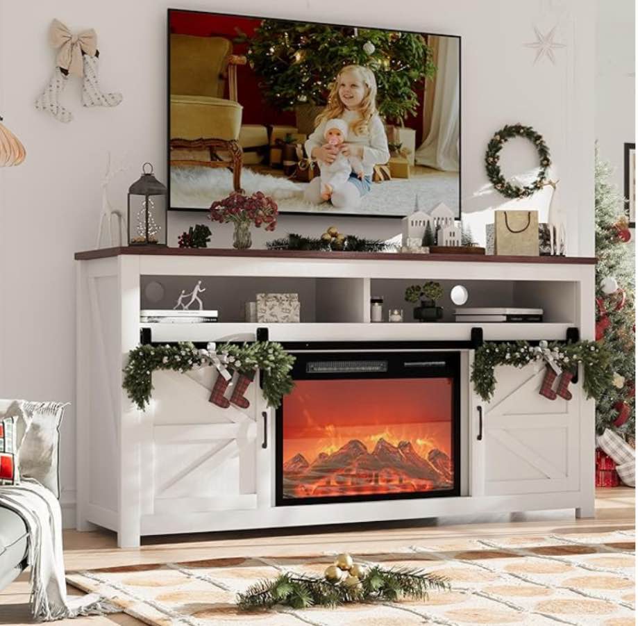  Fireplace TV Stand for TVs Up to 70", Entertainment Center with 23" Electric Fireplace Includes 12 Color Light Options, White TV Stands for Living Room, Bedroom, 58 inch TV Stand.(incomplete missing fireplace)