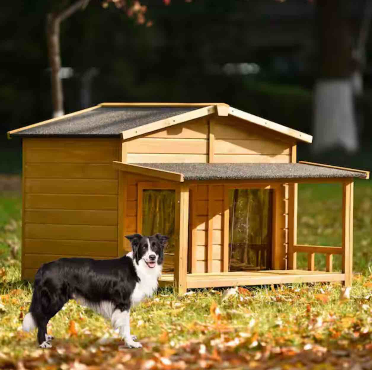  47.2 in. W Large Wooden Dog House Outdoor Indoor Dog Crate Cabin Style with Porch 2 Doors in Brown(incomplete box 1 of 2 )