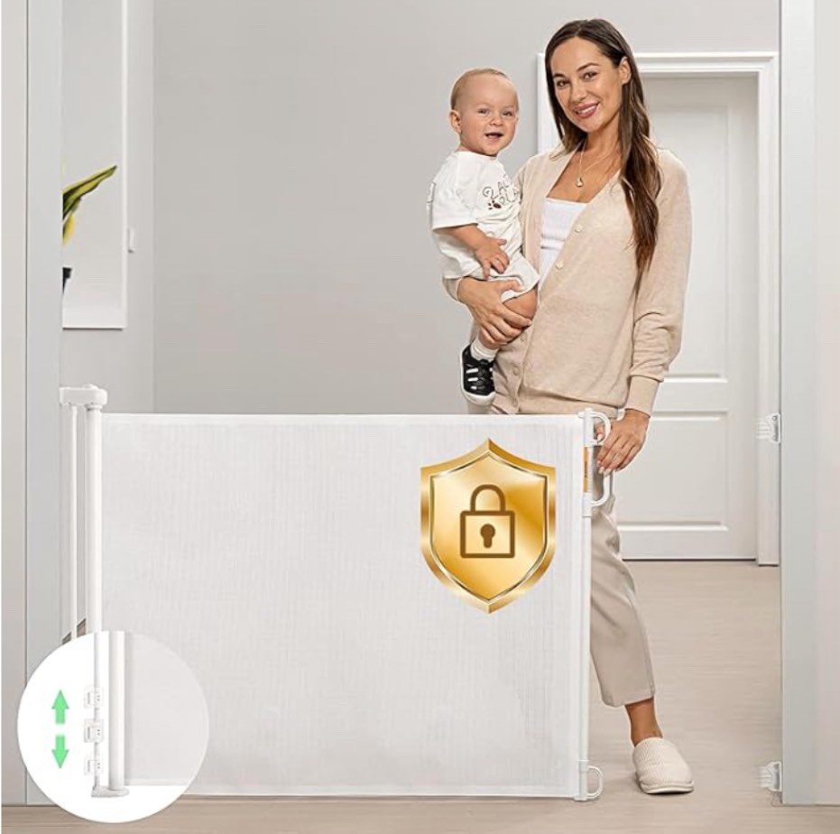 Punch-Free Install Retractable Baby Gate, Mesh Baby Gate or Mesh Dog Gate,33" Tall,Extends up to 55" Wide,Child Safety Gate for Doorways, Stairs, Hallways, Indoor/Outdoor?White,33"x55"