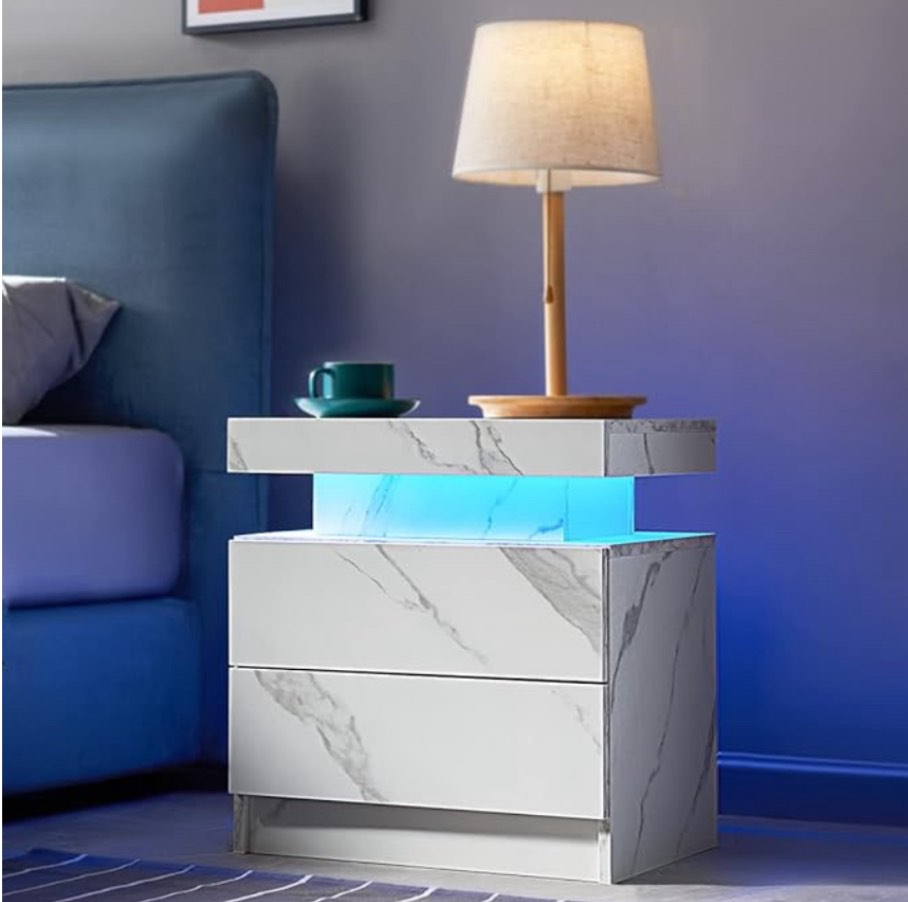 Bedside Table with 2 Drawers, LED Nightstand Wooden Cabinet Unit with LED Lights for Bedroom, End Table Side Table for Bedroom Living Room, White Marble(different color to stock photo)