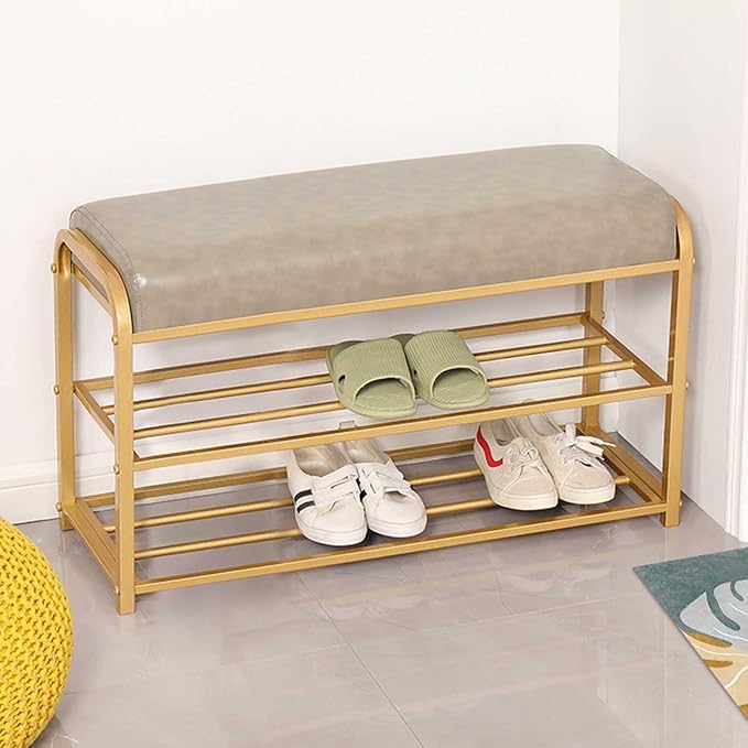Banco de zapatos de entrada, zapatero de metal dorado con asiento estrecho para sala de estar, bancos de 2 capas con almacenamiento Similar 