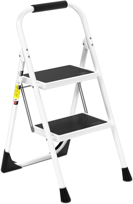 Step Ladder EFFIELER 2 Step Stool Ergonomic Folding Step Stool with Wide Anti-Slip Pedal 430 lbs Sturdy Step Stool for Adults Multi-Use for Household, Kitchen, Office (Matte White)